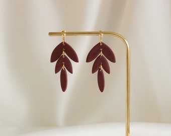 Burgundy leaf earrings, Polymer clay handmade earrings, Perfect gift with gift box