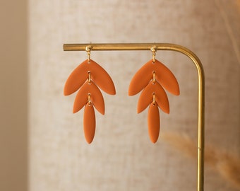Burnt orange handmade earrings, Polymer clay leaf earrings, Christmas gift with gift box
