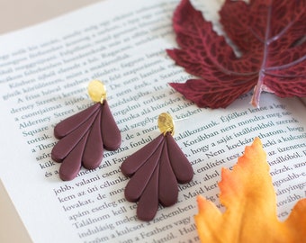 Burgundy drop earrings, Polymer clay statement earrings, Gift for her