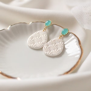 White and turquoise earrings, Lightweight handmade earrings, Gift for her image 1