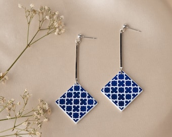 Blue tile handmade earrings, lightweight elegant earrings, Handmade earrings