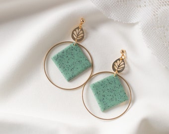 Geometric mint granite and brass hoop earrings, Natural boho style summer earrings, stone effect dangle earrings for women