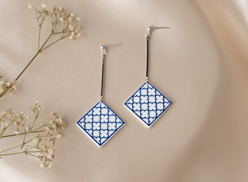 Blue tile handmade earrings, lightweight elegant earrings, Handmade earrings image 1