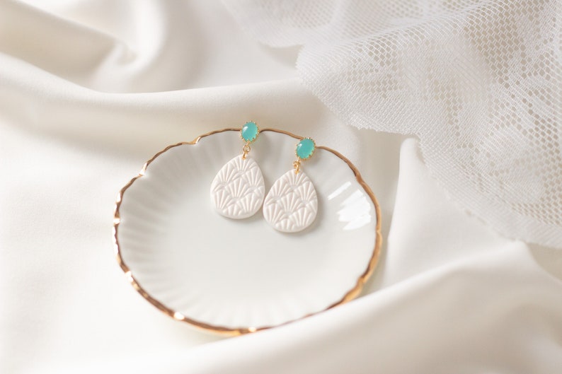 White and turquoise earrings, Lightweight handmade earrings, Gift for her image 2