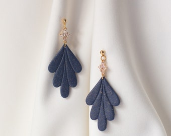 Navy blue leaf earrings with crystal,Lightweight polymer clay earrings,Handmade blue and silver earrings,Christmas gift, Midnight collection