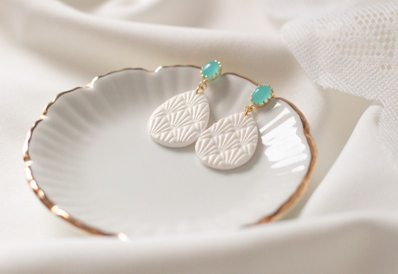 White and turquoise earrings, Lightweight handmade earrings, Gift for her image 1