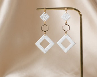 White geometric earrings, White and gold hexagon earrings, Dangle earrings