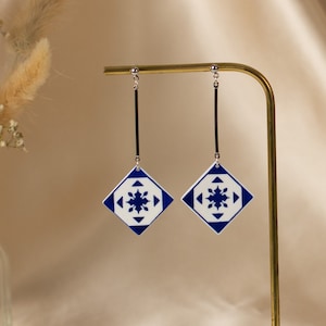 Square portugal blue tile earrings, azulejo blue tile drop earrings, lightweight elegant earrings, gift for her