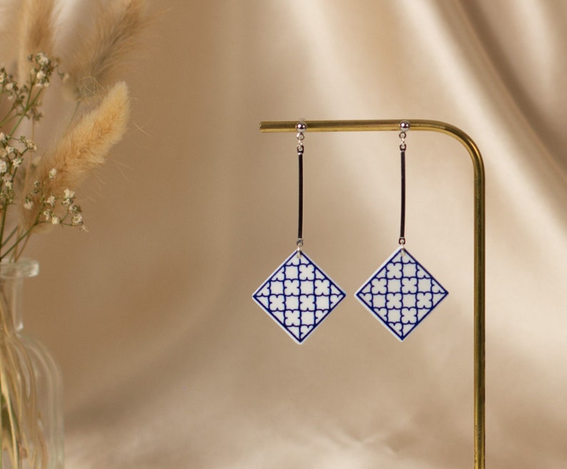 Blue tile handmade earrings, lightweight elegant earrings, Handmade earrings image 2