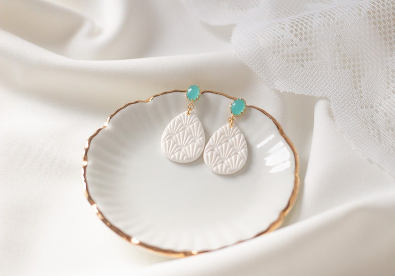 White and turquoise earrings, Lightweight handmade earrings, Gift for her image 6