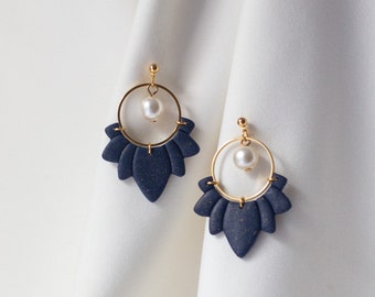 Elegant navy blue earrings with pearl, Lightweight earrings, Handmade blue and gold earrings, Christmas gift, Midnight collection