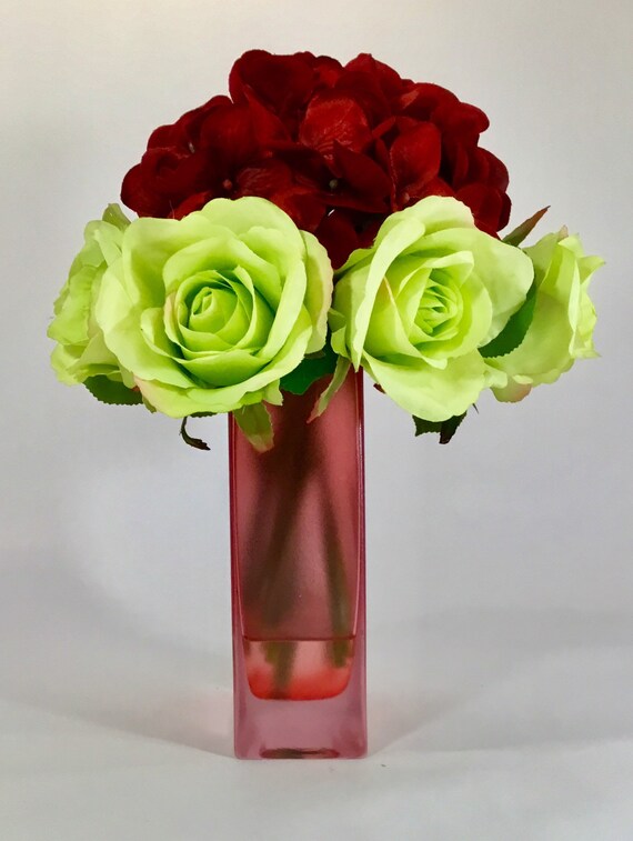 Silk Roses And Hydrangeas In Square Vase Set In Acrylic Water Etsy