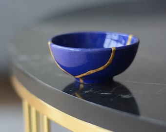 Small Size Navy Blue Kintsugi Inspired Bowl - Handmade Iznik Pottery