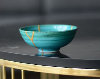 Turkosblå Kintsugi-inspirerad skål - Handgjord Iznik-keramik