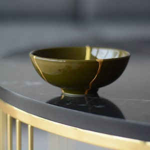 Olive Khaki Green Kintsugi Inspired Bowl - Handmade Iznik Pottery