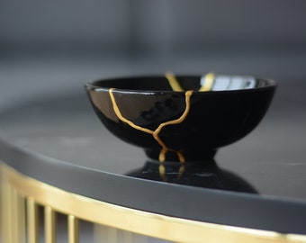 Svart Kintsugi-inspirerad skål - Handgjord Iznik-keramik