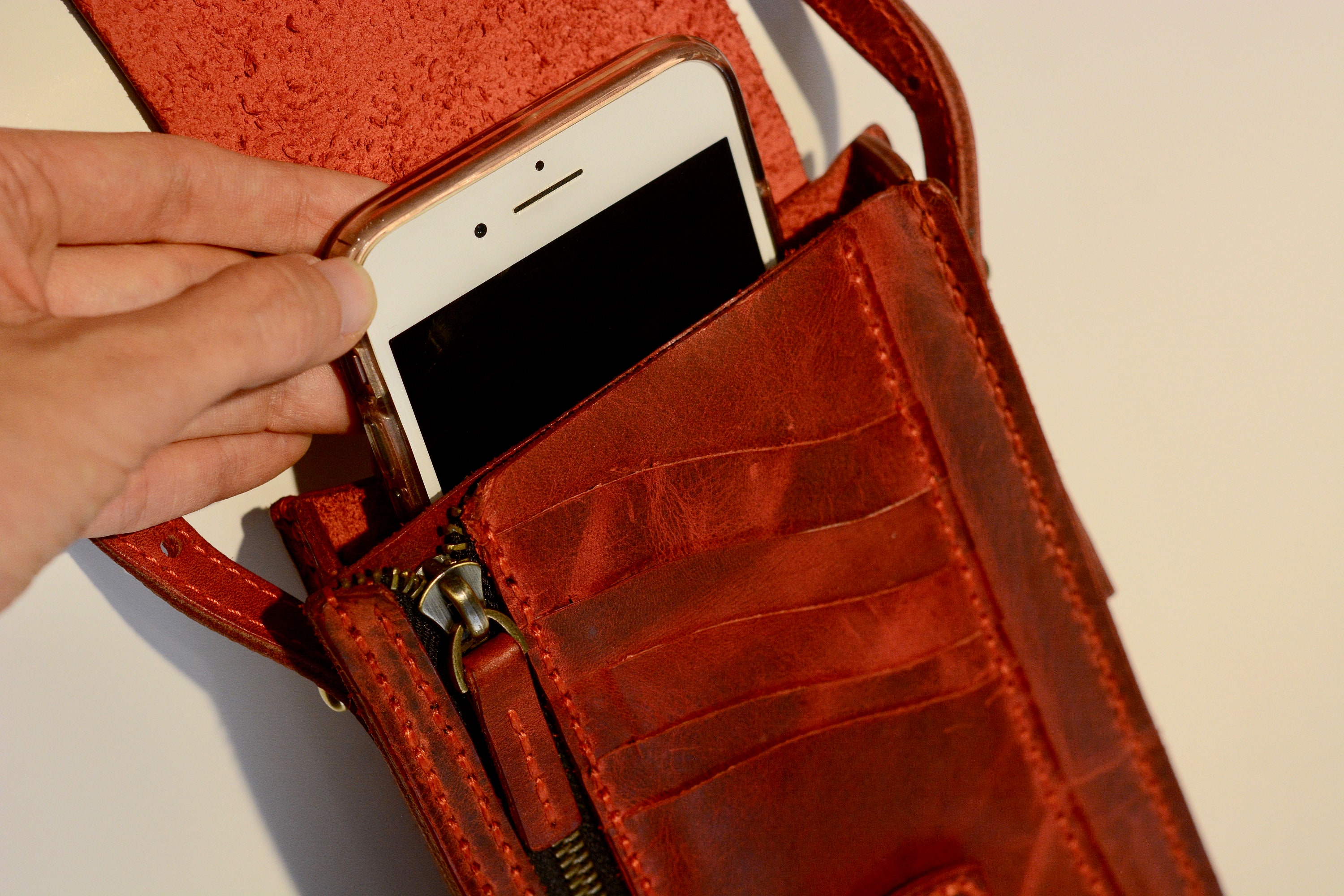 Vintage Style Crossbody Bag Red Leather Phone Bag Shoulder Bag Etsy UK