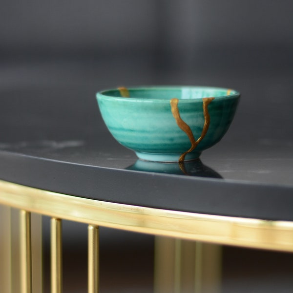 Small Size Turquoise Blue Kintsugi Inspired Bowl - Handmade Iznik Pottery