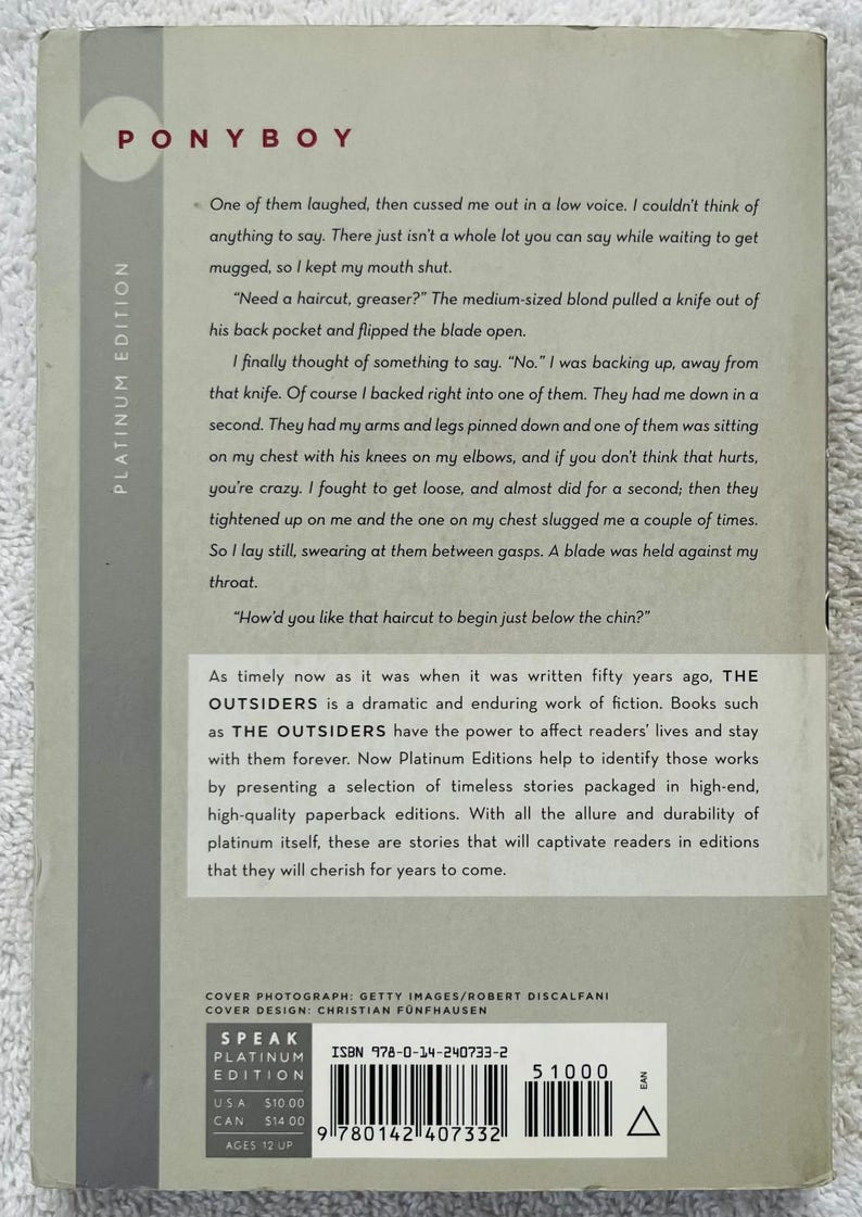 S. E. HINTON - the OUTSIDERS - 1995 Soft Cover Speak/penguin - Etsy