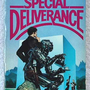 May include: Vintage paperback book cover for "Special Deliverance" by Clifford D. Simak. The cover features a futuristic robot, a man in a suit, and figures in period clothing. The title is in large pink letters.