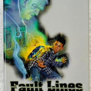 May include: Book cover for "Fault Lines" by Tim Powers. The cover art depicts a young person in a plaid shirt, seemingly struck by lightning, with a ghostly figure and an older man in the background. The title and author's name are prominently displayed.