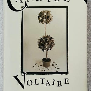 May include: A hardcover book titled "Candide Voltaire" with a cream-colored cover. The cover features a black frame around an image of two topiary trees in a pot. The title is in black, stylized font.