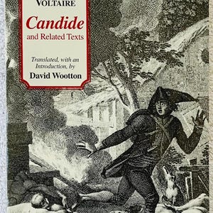 May include: A book cover for "Candide and Related Texts" by Voltaire. The title is in red script on a white background, with the author's name below. The cover features a black and white illustration of a historical scene with figures and a building.