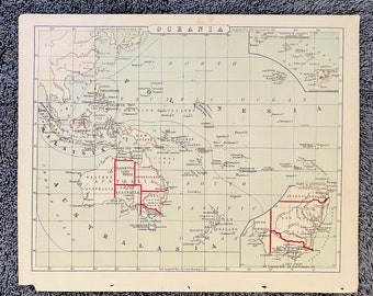 VINTAGE Antique MAP of OCEANIA - 1885 - Australia, New Zealand etc - Partly Colored and Suitable for Framing