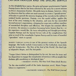 May include: A paperback book titled "MARIO VARGAS LLOSA CAPTAIN PANTOJA AND THE SPECIAL SERVICE" with a yellowed cover. The cover features text and a price tag of &pound;7.16. The book is from The Noonday Press.