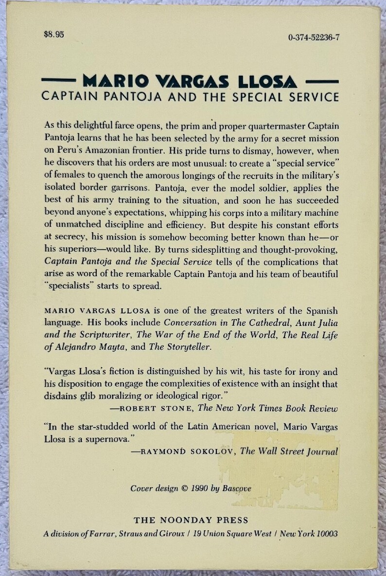 May include: A paperback book titled "MARIO VARGAS LLOSA CAPTAIN PANTOJA AND THE SPECIAL SERVICE" with a yellowed cover. The cover features text and a price tag of &pound;7.16. The book is from The Noonday Press.