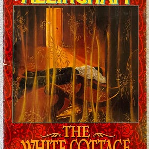 May include: A paperback book titled The White Cottage Mystery by Margery Allingham. The cover features a red background with a repeating floral pattern and an illustration of a person lying on the floor behind thin, vertical yellow lines.