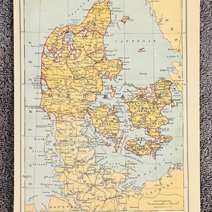 VINTAGE ANTIQUE Map of DENMARK 1883 - Partly Colored and Suitable for Framing