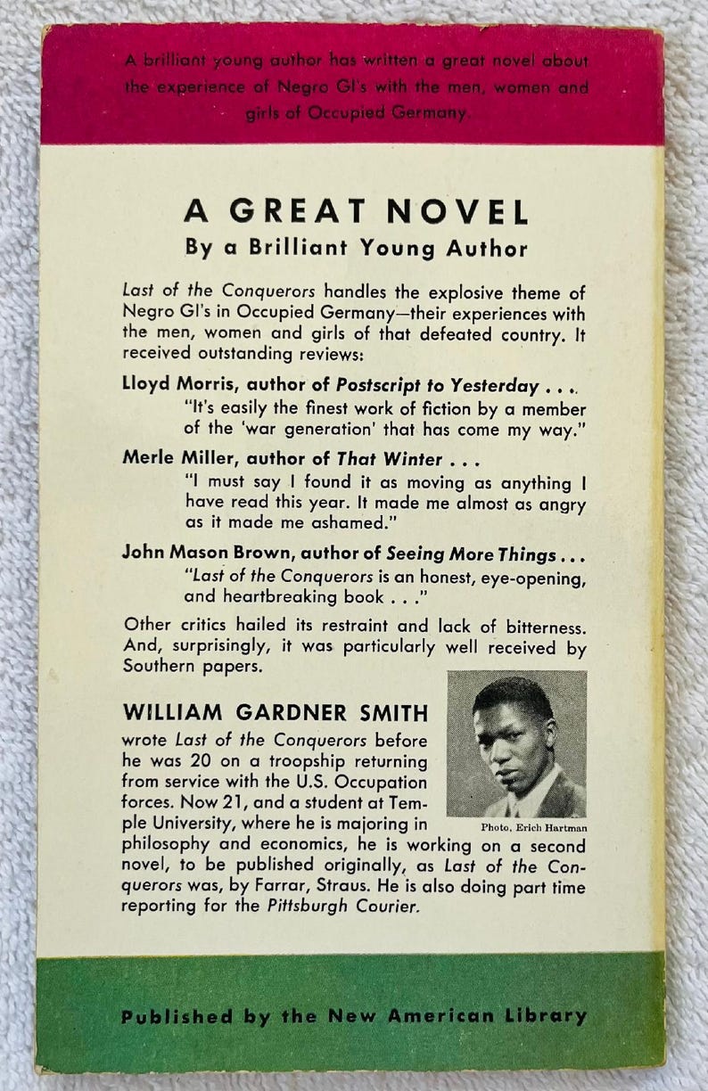 May include: A vintage paperback book cover with a red and green design. The title "A Great Novel" is featured, along with author William Gardner Smith's name. The cover includes text about the book's theme and reviews.