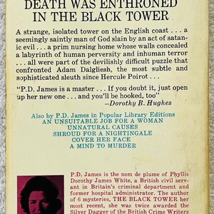 May include: A vintage paperback book titled "Death Was Enthroned in the Black Tower" by P.D. James. The cover features text and a portrait of the author. Published by Popular Library.