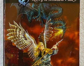 May include: A book cover for "The Siege: Return of the Archwizards, Book 11" by Troy Denning. The cover art features a winged figure with a spear, a dragon, and the "Forgotten Realms" logo. The color palette is dominated by reds and oranges.