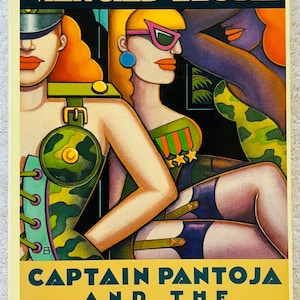 May include: Book cover for "Captain Pantoja and the Special Service" by Mario Vargas Llosa. The illustration shows three women in military-style outfits, with a vibrant colour palette and geometric design. The cover has a retro feel.