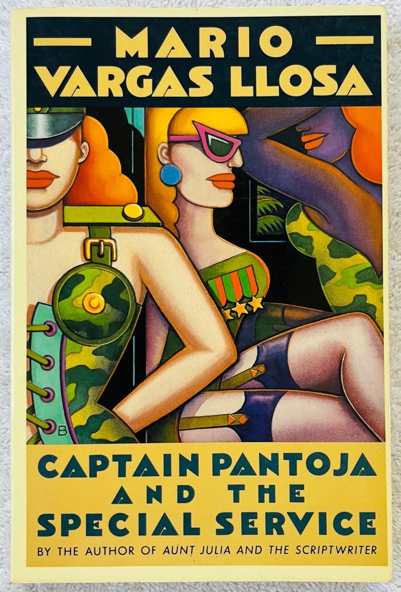 May include: Book cover for "Captain Pantoja and the Special Service" by Mario Vargas Llosa. The illustration shows three women in military-style outfits, with a vibrant colour palette and geometric design. The cover has a retro feel.
