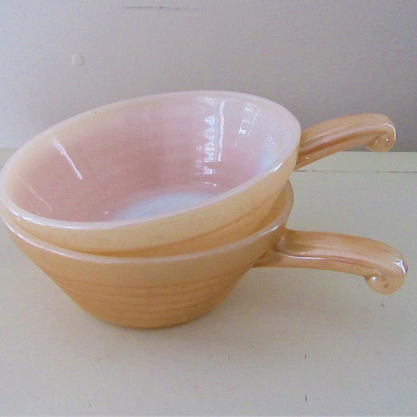 Vintage FIRE KING Peach LUSTREWARE Bowls / Set of 2 / Ovenware / Beehive Handled Soup Bowls / Chili Bowls with Handles