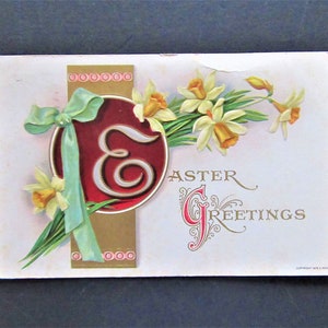 1910 Antique Postcard / RARE 1 Cent BEN FRANKLIN Green Stamp / Embossed / Easter Greetings / Ephemera