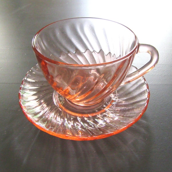 Vintage 1930's Arcoroc France Rosaline Depression GLASS Blush Pink Swirl Teacup and Saucer SET / RARE / Mid Century Decor