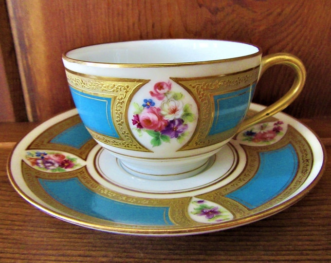 Antique LIMOGES TEA CUP and Saucer Set Turquoise Blue Gold Etsy