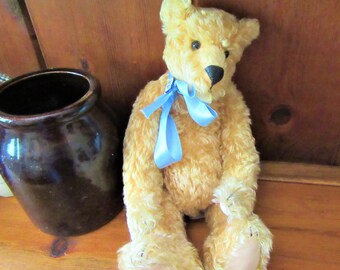 Blonde Curly Mohair Valentines Bear Adorable Vintage Jointed Mohair Bear Signed Pam Kisner Collectible Bear Bear Red Bow MohairJacket