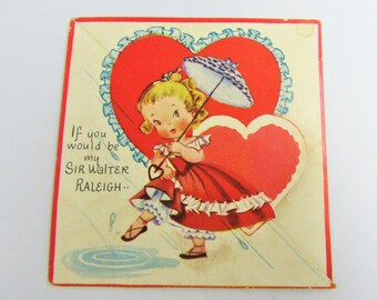 1940's Vintage A-Meri-Card VALENTINE GREETING CARD / P-6563/4 C / Novelty Children's Valentine / Heart / Girl / Umbrella / Signed