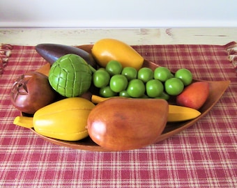 Vintage MONKEYPOD WOOD Fruit Set 9 Pieces / Colorful Wooden Painted Fruit / Hawaiian MonkeyPod Divided Leaf Tray