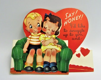 1940's Vintage A-Meri-Card VALENTINE GREETING CARD / Folded Card / Novelty Children's Valentine / Red Heart / Boy / Girl / Signed