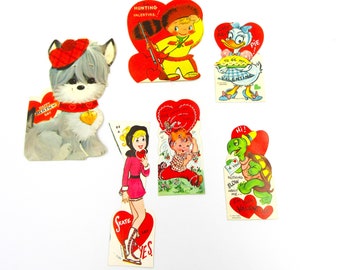 Vintage 1950's Valentine Card Lot of 6 / Signed / Die Cut / Assorted Valentine Cards / Ephemera / Dog Duck Turtle Heart Pioneer Boy