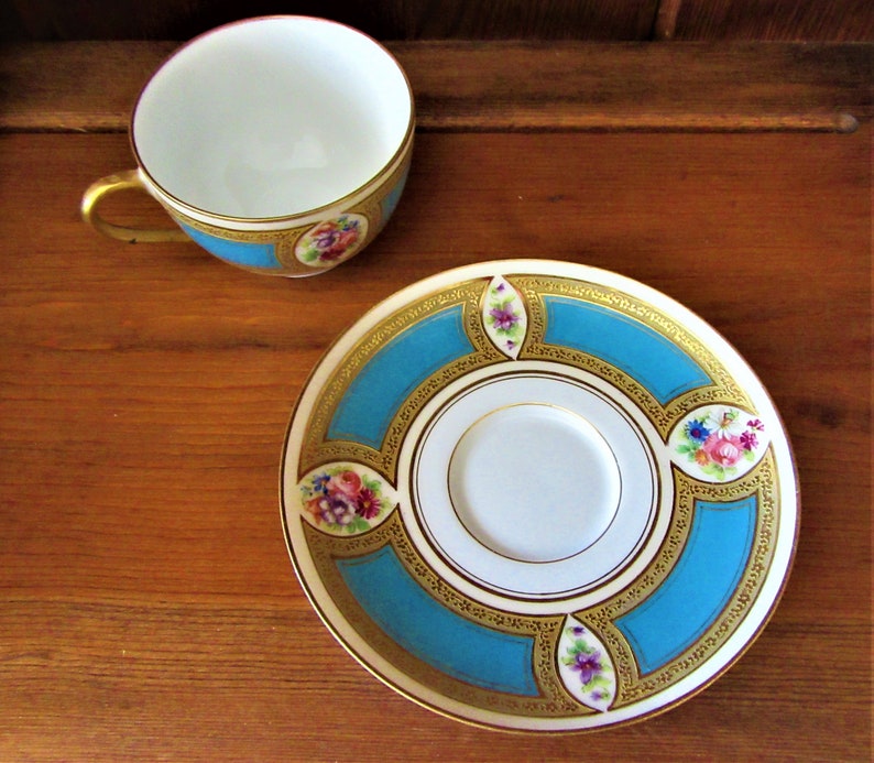 Antique LIMOGES TEA CUP and Saucer Set Turquoise Blue Gold Etsy