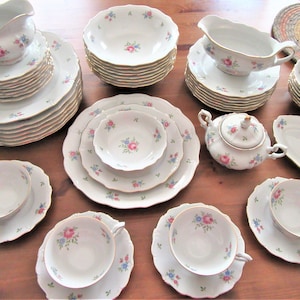 1950&#39;S BAVARIAN RAMBLER CHINA Vintage China from Germany Pink Roses Tea Cups Dinner Plates Gray Boat Sugar Creamer Bowl