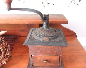 Antique Coffee Grinder / Coffee Mill / Metal / Wooden Base