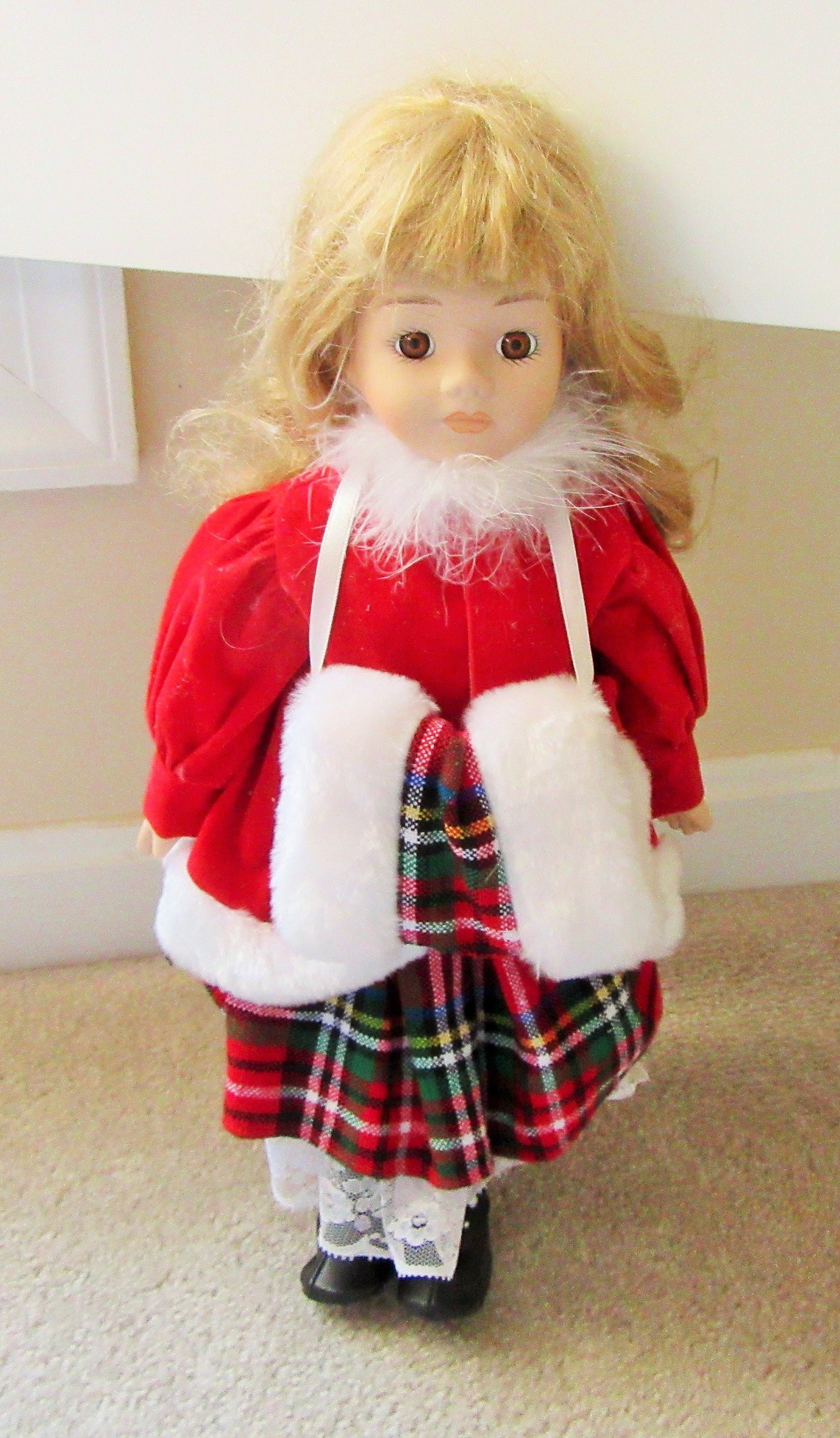 Vintage 16 Inch PORCELAIN DOLL Christmas Doll Gift for Girl Holiday Doll Display Decor Toys